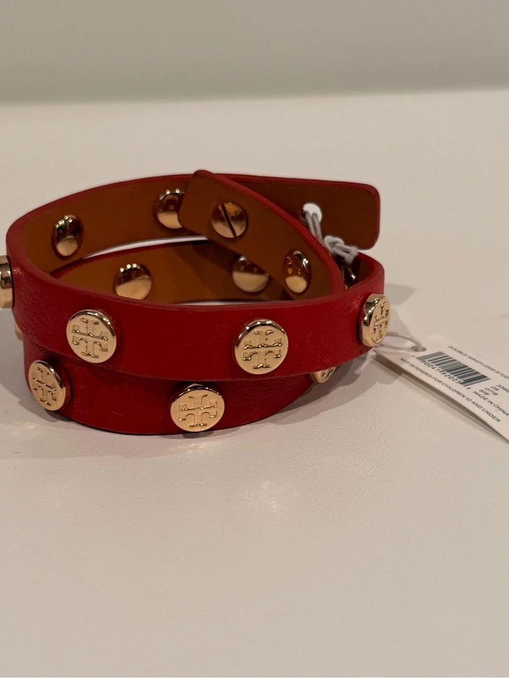 Tory Burch Red Leather Double-Wrap Bracelet with Gold Logo Studs